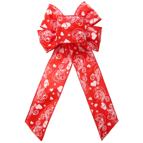 Valentine Bows - Wired Swirling Valentine Hearts on Satin Bow (2.5"ribbon~6"Wx10"L)