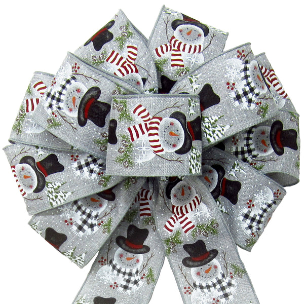 Christmas Bows - Wired Buffalo Candy Snowman Gray Linen Christmas Bow (2.5"ribbon~10"Wx20"L)