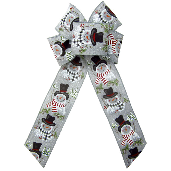 Christmas Bows - Wired Buffalo Candy Snowman Gray Linen Christmas Bow (2.5"ribbon~6"Wx10"L)