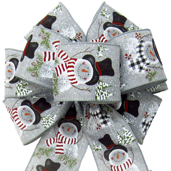 Christmas Bows - Wired Buffalo Candy Snowman Gray Linen Christmas Bow (2.5"ribbon~8"Wx16"L)