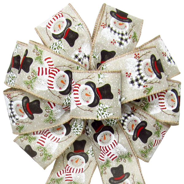 Wired Christmas Bows - Wired Buffalo Candy Snowman Natural Linen Christmas Bow (2.5"ribbon~10"Wx20"L)