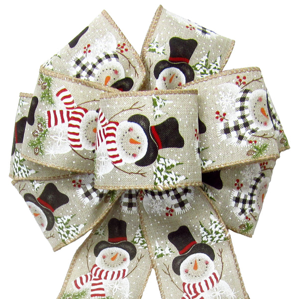 Christmas Bows - Wired Buffalo Candy Snowman Natural Linen Christmas Bow (2.5"ribbon~8"Wx16"L)