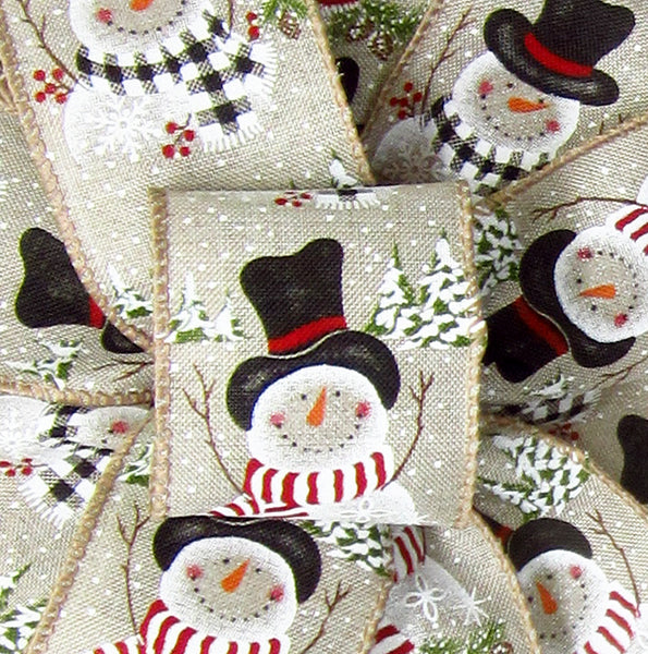 Wired Christmas Ribbon - Wired Buffalo Candy Snowman Natural Ribbon (#40-2.5"Wx10Yards)