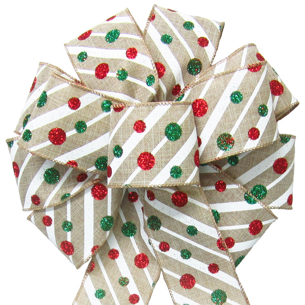 Christmas Bows - Wired Striped Glitter Dots Natural Christmas Bow (2.5"ribbon~10"Wx20"L)