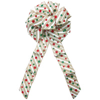 Christmas Wreath Bows - Wired Striped Glitter Dots Natural Christmas Bow (2.5"ribbon~10"Wx20"L)