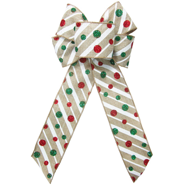 Christmas Bows - Wired Striped Glitter Dots Christmas Bow (2.5"ribbon~6"Wx10"L)