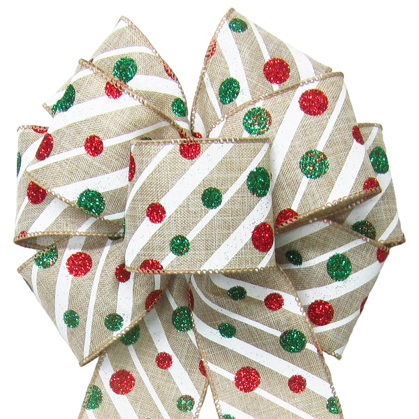 Christmas Bows - Wired Striped Glitter Dots Christmas Bow (2.5"ribbon~8"Wx16"L)
