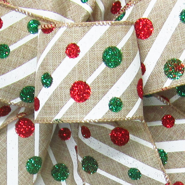 Christmas Ribbon - Wired Striped Glitter Dots Christmas Ribbon (#40-2.5"Wx10Yards)