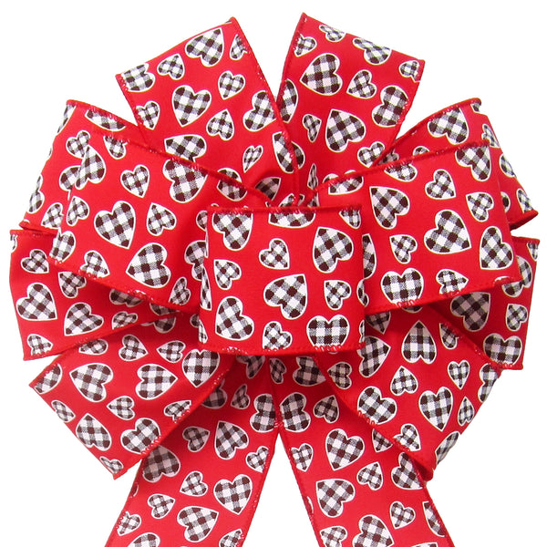 Valentine's Day Bows - Spring Bows - Wired Buffalo Plaid Hearts Bow 10