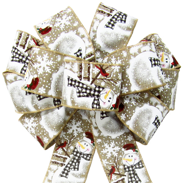 Christmas Bows - Wired Buffalo Plaid Snowman Natural Bow (2.5"ribbon~10"Wx20"L)