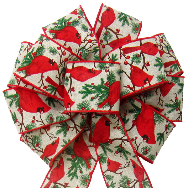 Natural Christmas Wreath Bows - Wired Cardinals & Berries Natural Bow (2.5"ribbon~10"Wx20"L)