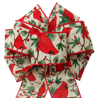 Natural Christmas Wreath Bows - Wired Cardinals & Berries Natural Bow (2.5"ribbon~8"Wx16"L)