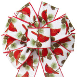 Christmas Bows - Wired Cardinals & Pine Cones White Linen Bow (2.5"ribbon~10"Wx20"L)