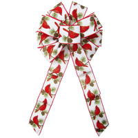 Christmas Wreath Bows - Wired Cardinals & Pine Cones White Linen Bow (2.5"ribbon~10"Wx20"L)