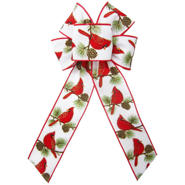 Christmas Bows - Wired Cardinals & Pine Cones White Linen Bow (2.5"ribbon~6"Wx10"L)