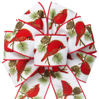 Christmas Bows - Wired Cardinals & Pine Cones White Linen Bow (2.5"ribbon~8"Wx16"L)