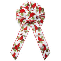 Christmas Wreath Bows - Wired Cardinals & Pine Cones White Linen Bow (2.5"ribbon~8"Wx16"L)