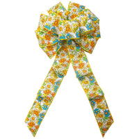 Wired Field of Flowers Yellow & Teal Bow (2.5"ribbon~10"Wx20"L) - Alpine Holiday Bows