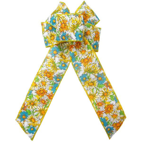 Wired Field of Flowers Yellow & Teal Bow (2.5"ribbon~6"Wx10"L) - Alpine Holiday Bows