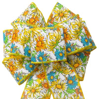 Wired Field of Flowers Yellow & Teal Bow (2.5"ribbon~8"Wx16"L) - Alpine Holiday Bows