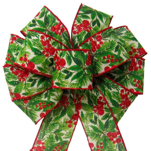 Christmas Wreath Bows - Wired Glitter Red Berry Forest Bow (2.5"ribbon~10"Wx20"L)