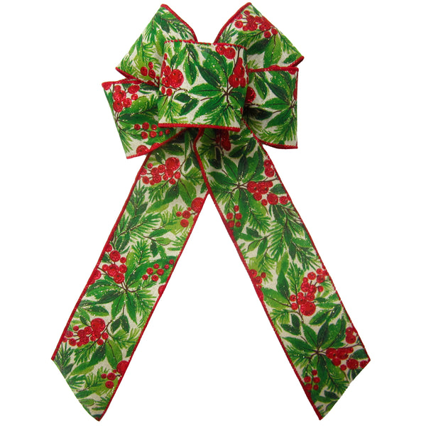 Christmas Wreath Bows - Wired Glitter Red Berry Forest Bow (2.5"ribbon~6"Wx10"L)