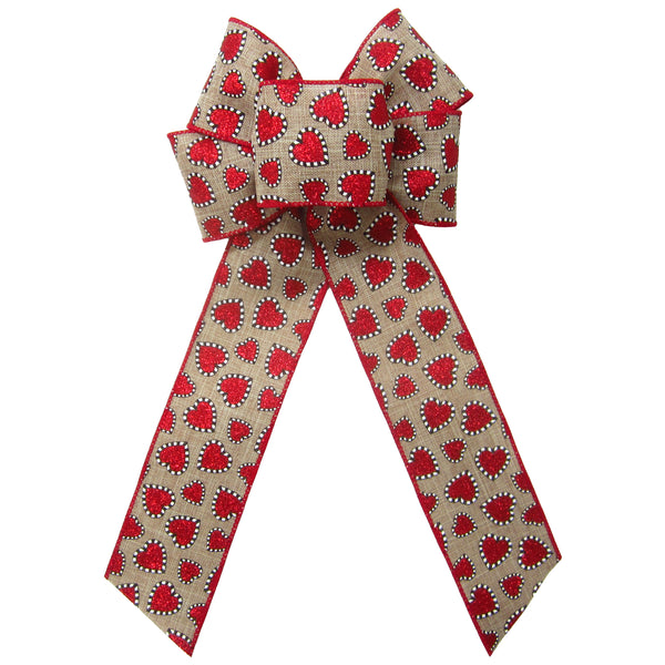 Valentine Bows - Wired Valentine Glitter Hearts Natural Bow (2.5"ribbon~6"Wx10"L)