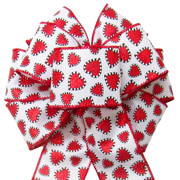 Valentine Bows - Wired Valentine Glitter Hearts White Bow (2.5"ribbon~8"Wx16"L)