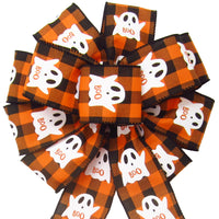 Halloween Bows - Wired Halloween Buffalo Plaid Ghosts Bow (2.5"ribbon~10"Wx20"L)