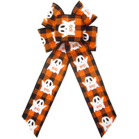 Halloween Bows - Wired Halloween Buffalo Plaid Ghosts Bow (2.5"ribbon~6"Wx10"L)
