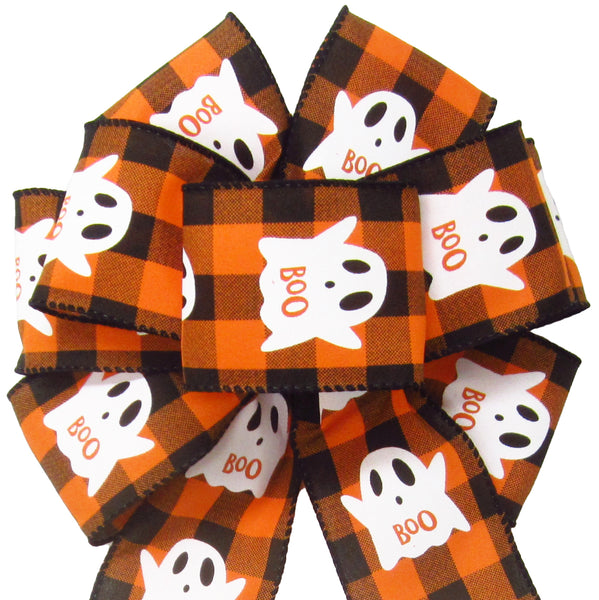 Halloween Bows - Wired Halloween Buffalo Plaid Ghosts Bow (2.5"ribbon~8"Wx16"L)