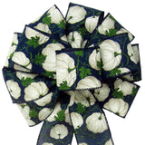 Fall Wreath Bows - Wired White Pumpkins on Navy Bows (2.5"ribbon~10"Wx20"L)