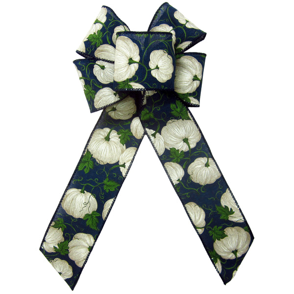 Fall Bows - Wired White Pumpkins on Navy Linen Bows (2.5"ribbon~6"Wx10"L)