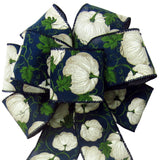 Fall Wreath Bows - Wired White Pumpkins on Navy Linen Bows (2.5"ribbon~8"Wx16"L)