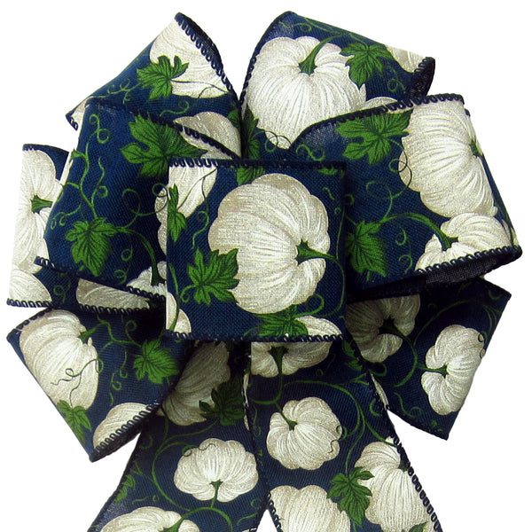 Fall Wreath Bows - Wired White Pumpkins on Navy Linen Bows (2.5"ribbon~8"Wx16"L)