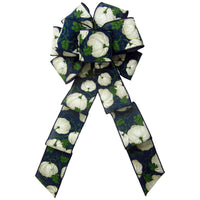 Fall Bows - Wired White Pumpkins on Navy Linen Bows (2.5"ribbon~8"Wx16"L)