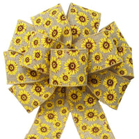 Wired Natural Linen Sunflowers Bows (2.5"ribbon~10"Wx20"L) - Alpine Holiday Bows