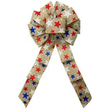 Wired Patriotic Stars Natural Bow (2.5"ribbon~10"Wx20"L) - Alpine Holiday Bows