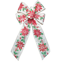 Christmas Wreath Bows - Wired Ivory & Red Poinsettia Bow (2.5"ribbon~6"Wx10"L)
