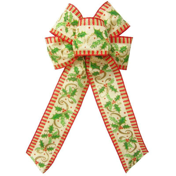 Wired Holly Garland Natural Bow (2.5"ribbon~6"Wx10"L) - Alpine Holiday Bows