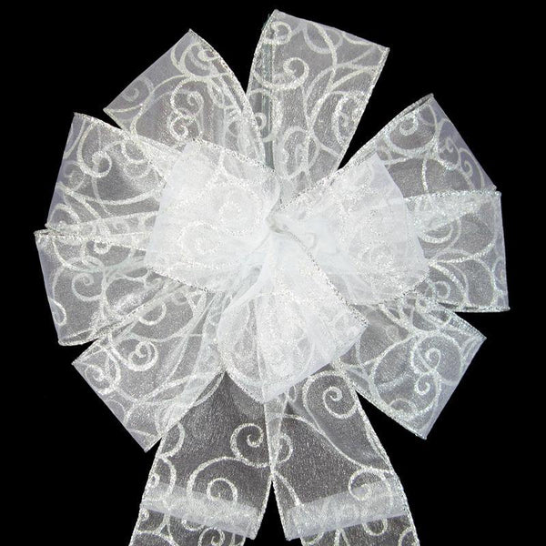 Wedding Bows - Wired Silver Sparkle Swirl Bow (2.5"ribbon~10"Wx20"L)