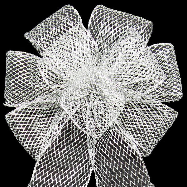 Wired Outdoor Mesh Silver Bow (4"ribbon~14"Wx24"L) - Alpine Holiday Bows