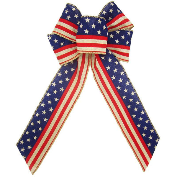 Wired Stars & Stripes Natural Bow (2.5"ribbon~6"Wx10"L) - Alpine Holiday Bows