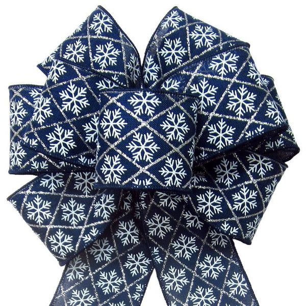 Wired Navy Blue Snowflakes Bow (2.5"ribbon~8"Wx16"L) - Alpine Holiday Bows