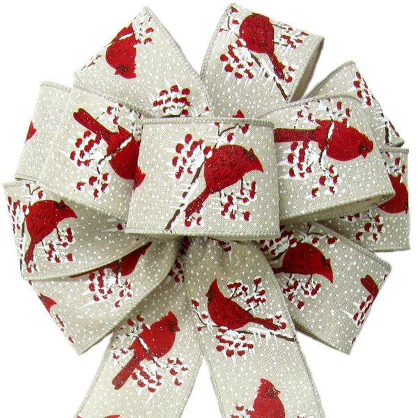 Wired Red Birds & Berries Natural Bow (2.5"ribbon~10"Wx20"L) - Alpine Holiday Bows