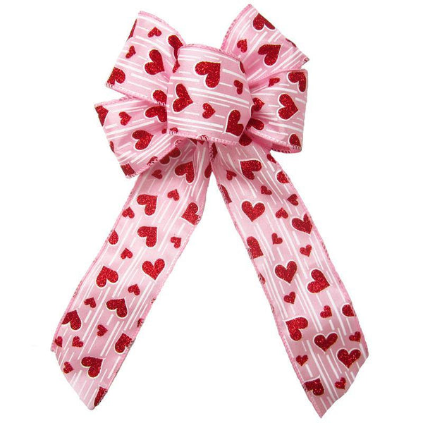 Wired Sparkling Hearts Pink Bow (2.5"ribbon~6"Wx10"L) - Alpine Holiday Bows