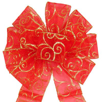 Christmas Wreath Bows - Wired Red & Gold Sparkle Swirl Bow (2.5"ribbon~10"Wx20"L)