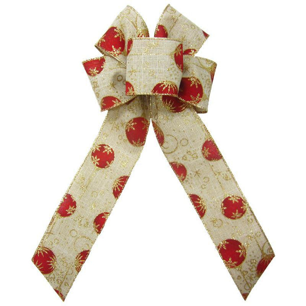 Wired Red & Gold Christmas Ornaments Linen Bow (2.5"ribbon~6"Wx10"L) - Alpine Holiday Bows