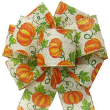 Wired Fall Pumpkins Natural Linen Bow (2.5"ribbon~8"Wx16"L) - Alpine Holiday Bows