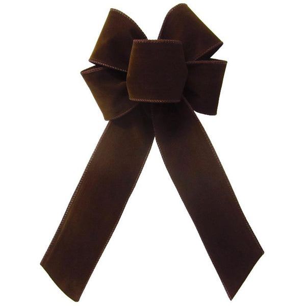 Hand tied Bows - Wired Indoor Outdoor Brown Velvet Bow 6 Inch